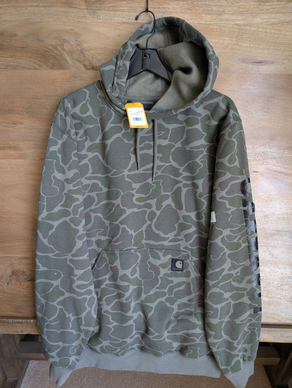 NWT Carhartt Hoodie Mens M Green Camo Logo Sleeve Graphic Loose Fit TS7695-M